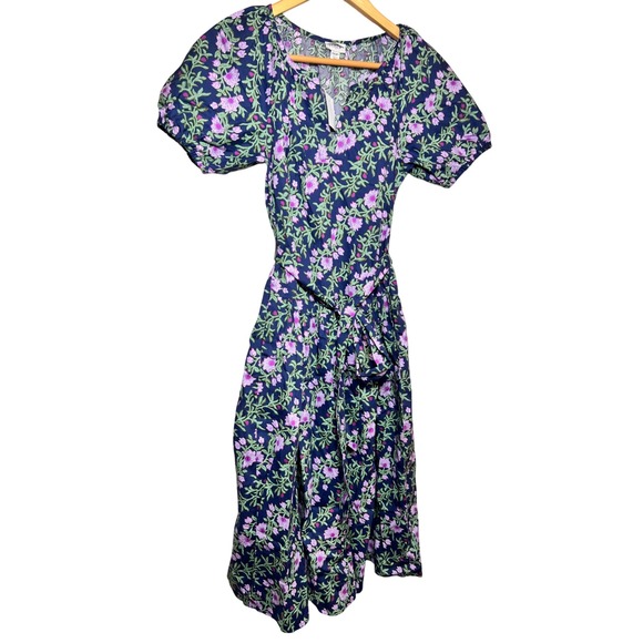J.Crew Floral Puff Sleeve Midi Dress with Belt, Purple Blue, Made in India - Picture 1 of 10